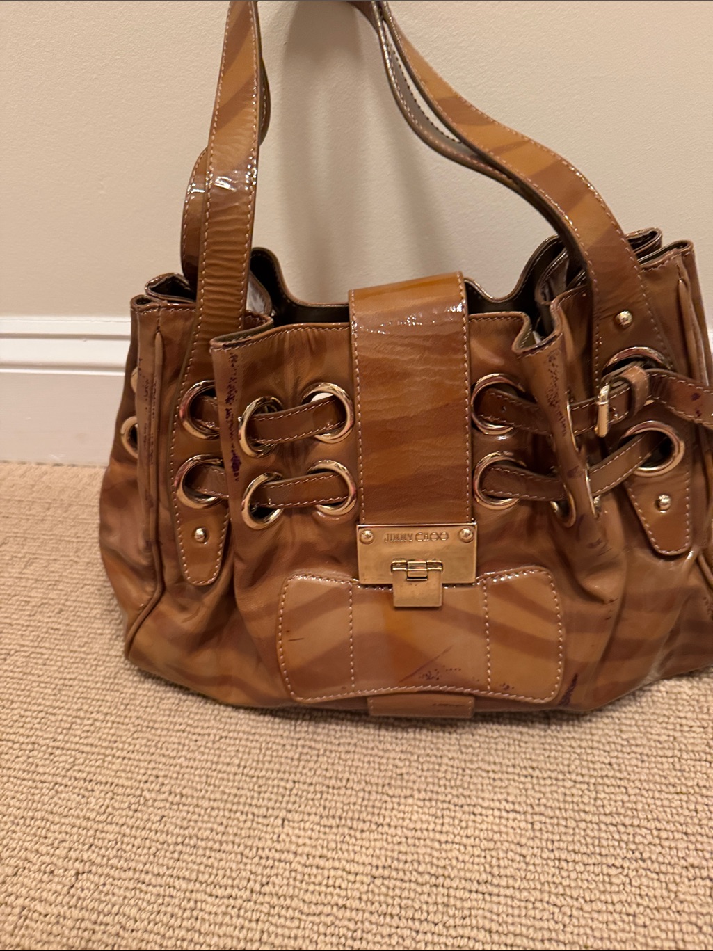 Jimmy Choo Tan Patent Leather Lace-Up Shoulder Bag